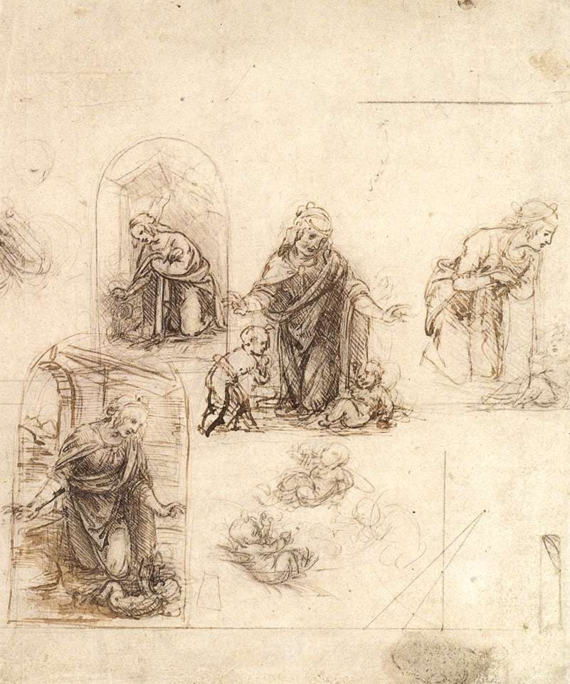 Compositional Sketches for the Virgin Adoring the Christ Child, with and without the Infant St. John the Baptist; Diagram of a Perspectival Projection (recto); Slight Doodles (verso)